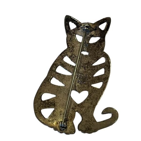 Vintage TM-180 Mexico Sterling Silver Cat Brooch Pin Heart Cutouts 2.5” - Picture 2 of 4
